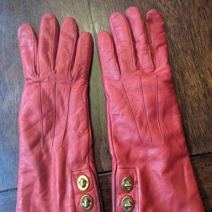 Coach Red Leather Long Gloves with Gold Turn-Lock Buttons